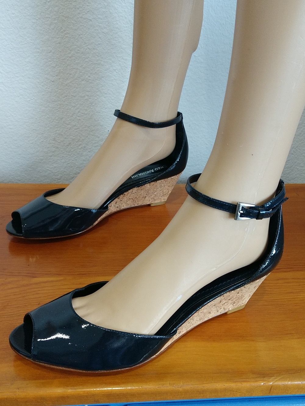 Enzo Angiolini Black Patent Cork Wedge Peep-Toe Sandals